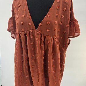 Chicsoul V-Neck Rust Orange Short Sleeved Blouse Swiss Dots Detailing XL